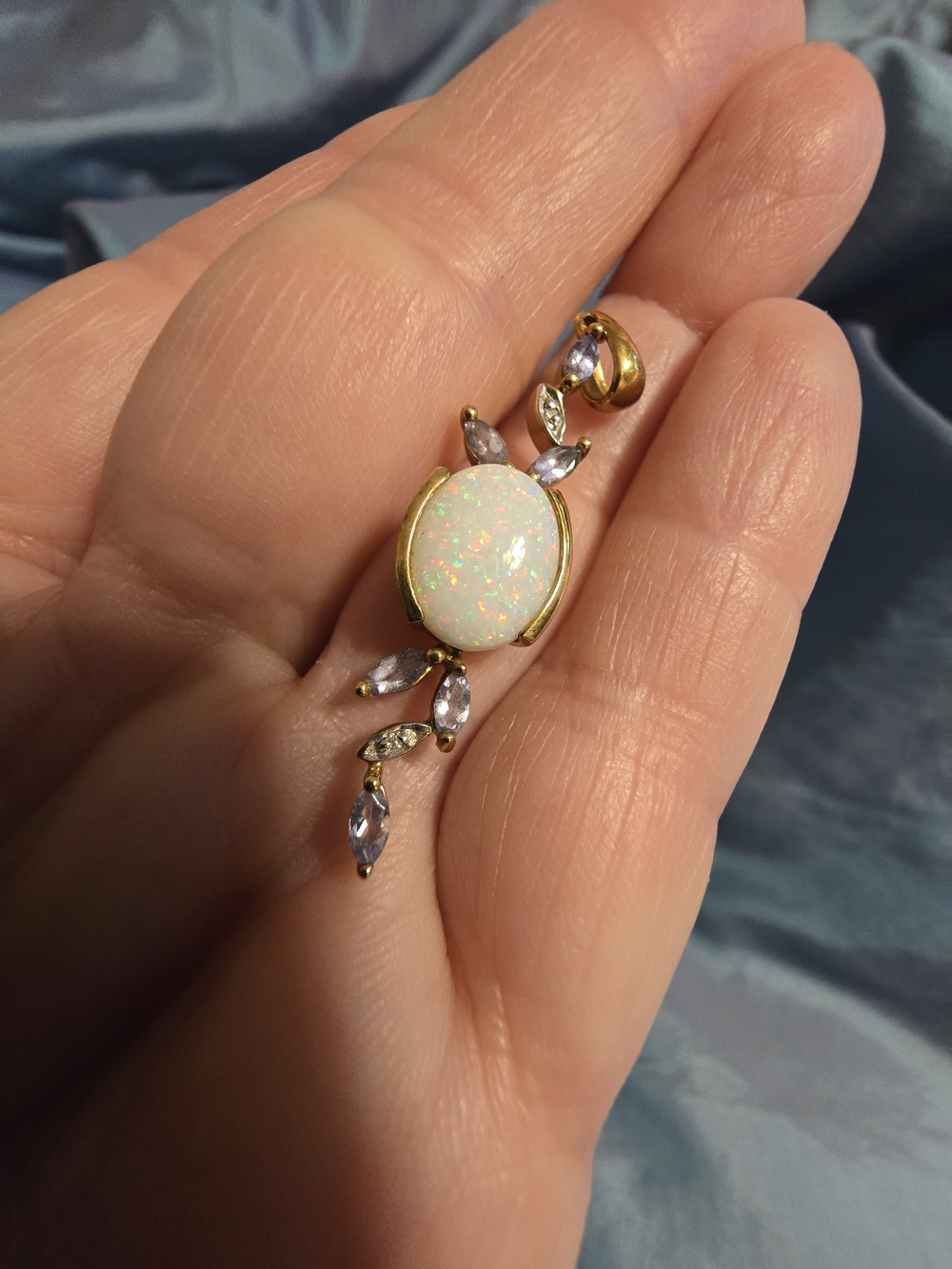 10k Gold Opal Pendant Necklace with Tanzanite Marquise & Diamond Accents